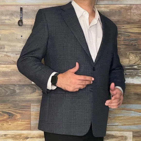 Bank 100% Wool Blue Plaid Blazer Sport Jacket Size 46R